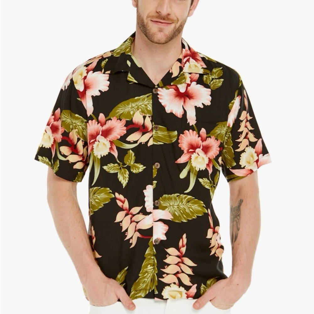 Men's Black Floral Short-Sleeve Camp Shirt